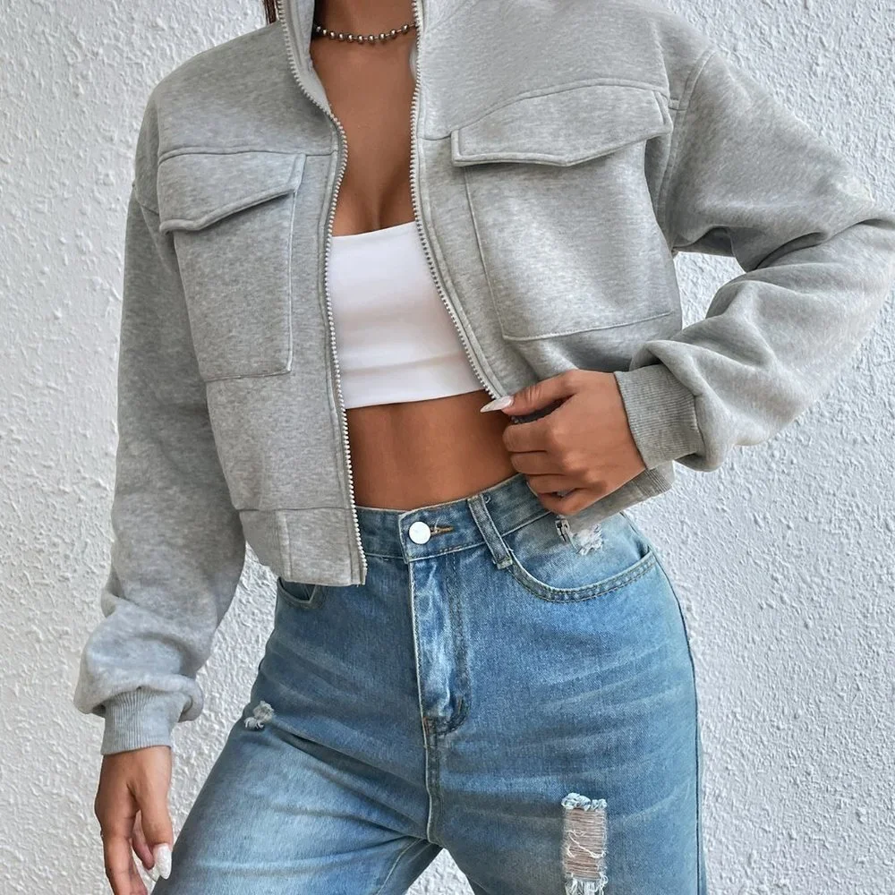 Grey Casual Womens Solid Zip Up Drop Shoulder Sweatshirt - Picture 3 of 5